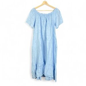 Atelier Luxebourg Blue Italian Linen Midi Dress Boho Peasant Cottage Dress OS